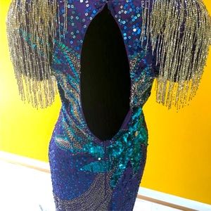 Blue silver beaded and sequins evening dress